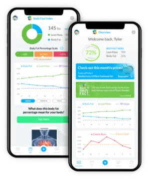 BFI app screens showing body fat percentage, lean mass and progress charts